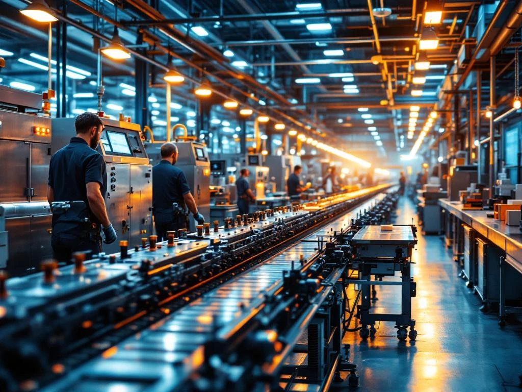 Moderne industriële productiefaciliteit met glanzende roestvrijstalen machines, transportbanden en controlepanelen