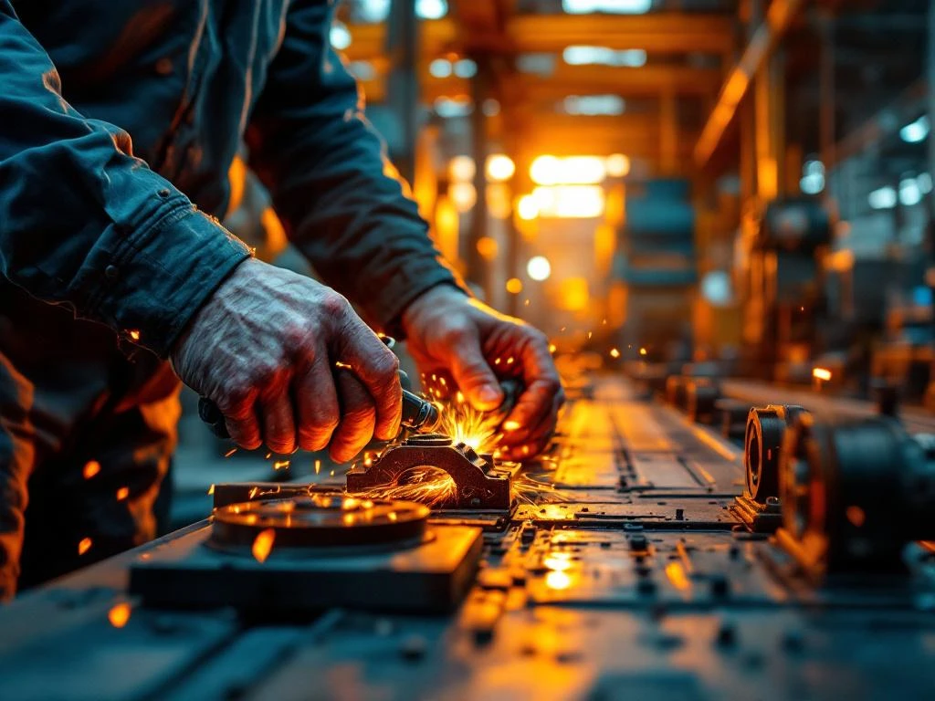 Fabrieksarbeider bedient zware machines met vonken, industriële productielijn met stalen apparatuur op betonnen vloer