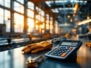 Industriële productielijn met calculator die uurlonen toont, werkhandschoenen en veiligheidsuitrusting op werkstation