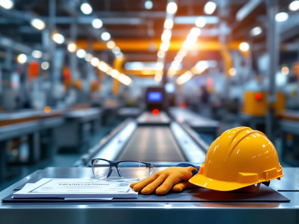 Veiligheidsuitrusting op industriële werkplek met productielijn en moderne machines op achtergrond