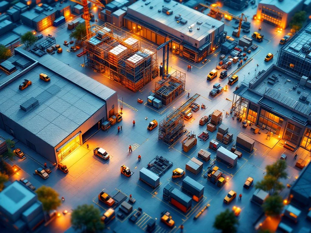 Luchtfoto van industriële sectoren: magazijn, bouwplaats, fabriek en kantoorgebouw in blauw-oranje kleurenpalet