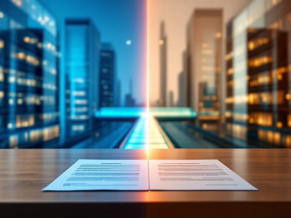 Twee moderne kantoorgebouwen verbonden door een brug, met contracten op een bureau, symboliseert keuze tussen uitzendbureaus