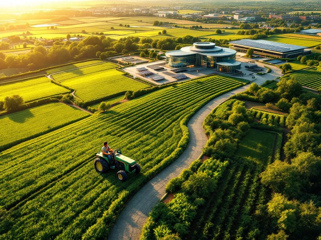 Luchtfoto van moderne landbouw met jonge professional, duurzame faciliteit en universiteit verbonden door pad