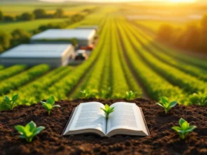 Open leerboek op vruchtbare grond met zaailingen, omringd door groene landbouwvelden en moderne kassen tijdens gouden uur