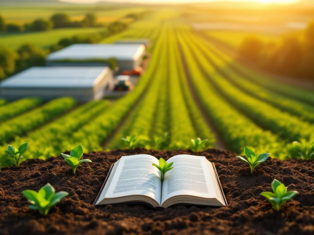 Open leerboek op vruchtbare grond met zaailingen, omringd door groene landbouwvelden en moderne kassen tijdens gouden uur