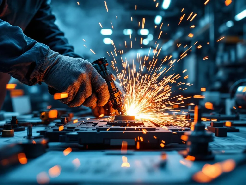 Vakkundige handen lassen met precisie-apparatuur, vonken vliegen in moderne industriële werkplaats met geavanceerde machines