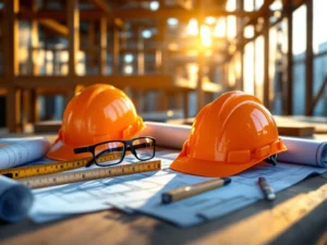 Bouwgereedschap en blauwdrukken op werkbank met veiligheidshelmen, meetlint en waterpas voor MBO-bouwonderwijs