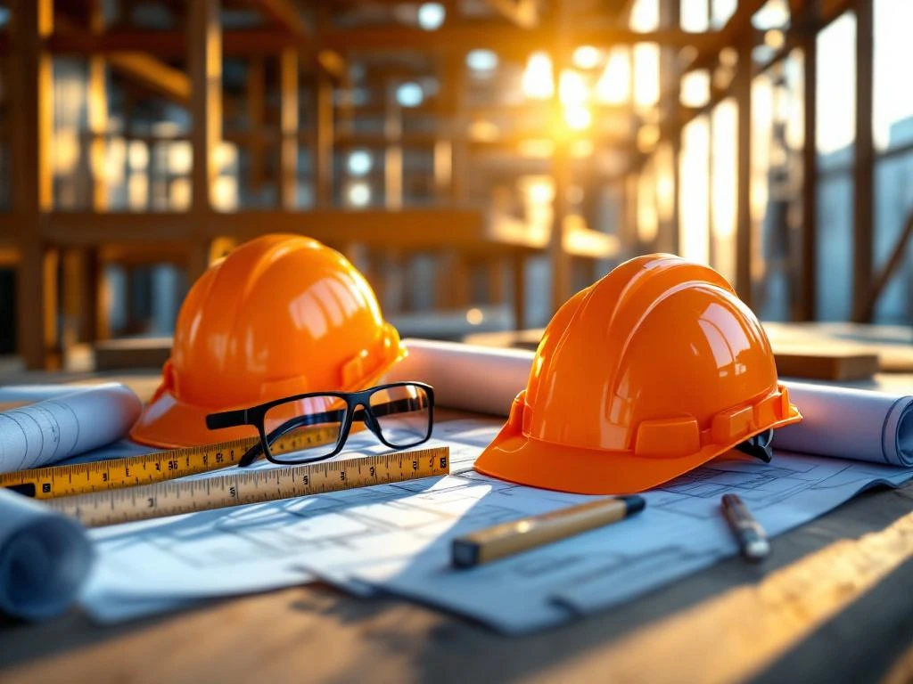 Bouwgereedschap en blauwdrukken op werkbank met veiligheidshelmen, meetlint en waterpas voor MBO-bouwonderwijs