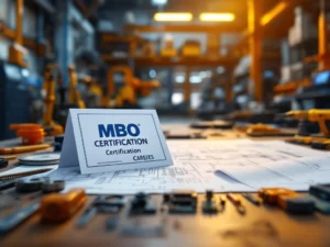 MBO certificaten en technische blauwdrukken op werkbank met industriële gereedschappen en apparatuur op achtergrond