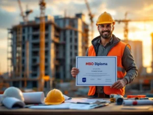 Bouwvakker in veiligheidskleding toont MBO-diploma op bouwplaats met kranen en steigers op de achtergrond