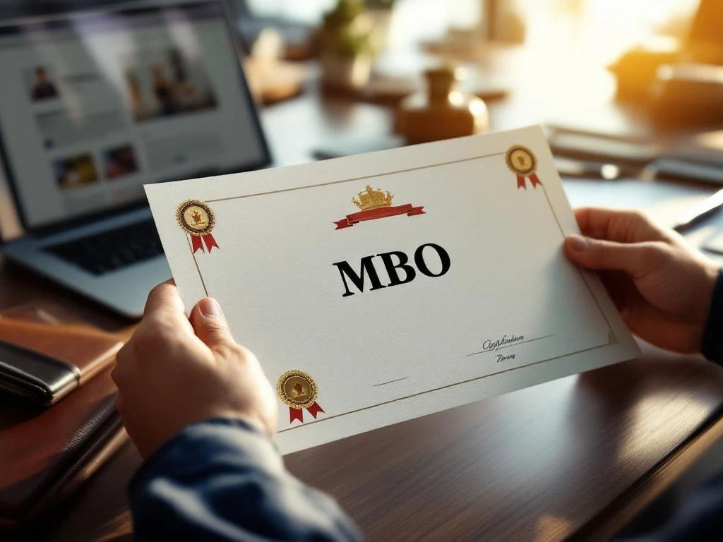 Handen houden MBO diploma met officiële zegels op houten bureau, laptop met vacatures op achtergrond