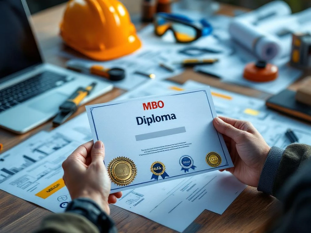 Handen houden MBO diploma en certificaten op houten bureau met industriële hulpmiddelen en blauwdrukken op achtergrond