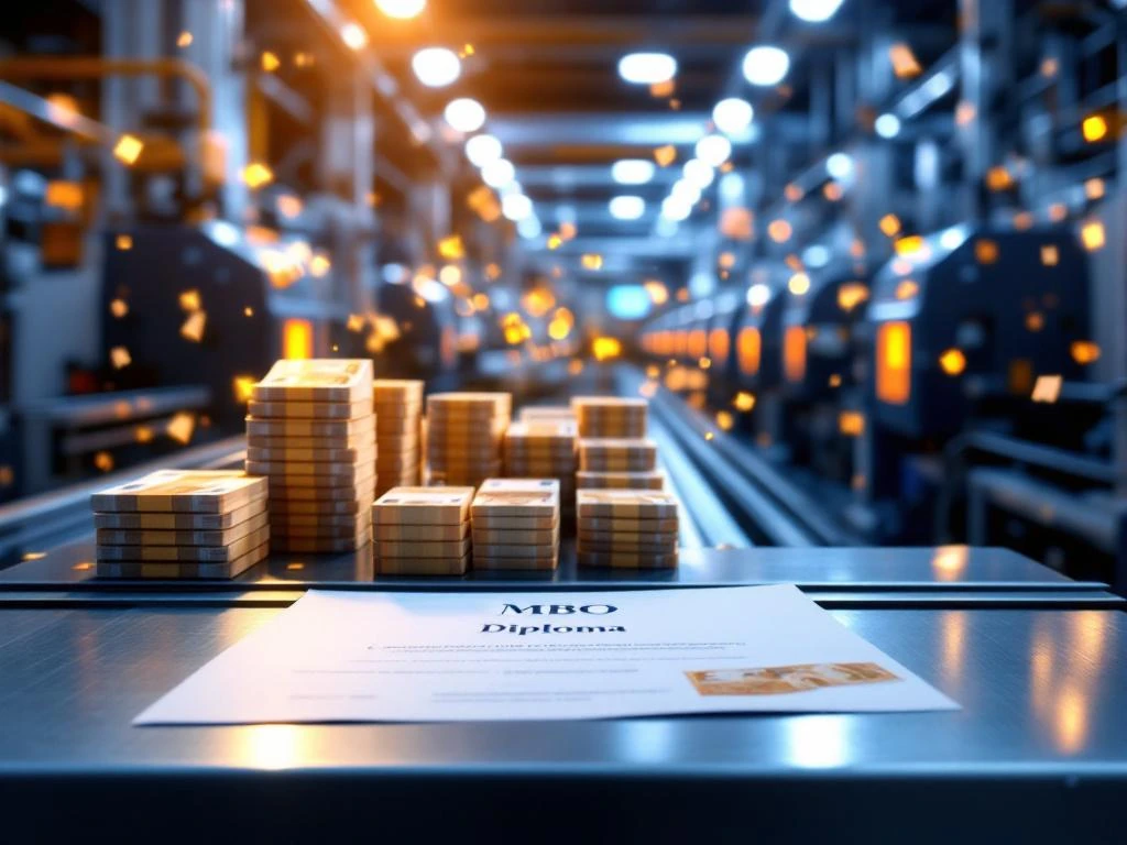 MBO diploma op industriële werkplek met productiemachines en zwevende eurobiljetten die verdienpotentieel symboliseren