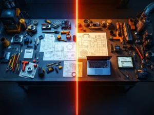 Vergelijking van MBO niveau 3 en 4 werkplekken: basisgereedschap links, geavanceerde CAD-software en meetinstrumenten rechts