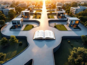 Luchtfoto van moderne onderwijsroute met betonnen paden naar carrièregebouwen, MBO-boek centraal, gouden uurtje verlichting