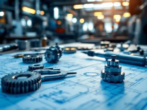 Precisie-instrumenten en technische tekeningen op werkbank met passer, tandwielen en blauwdrukken voor werktuigbouwkunde