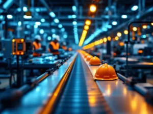 Moderne productiefaciliteit met assemblagelijn, precisie machines en arbeider die technische instrumenten bedient