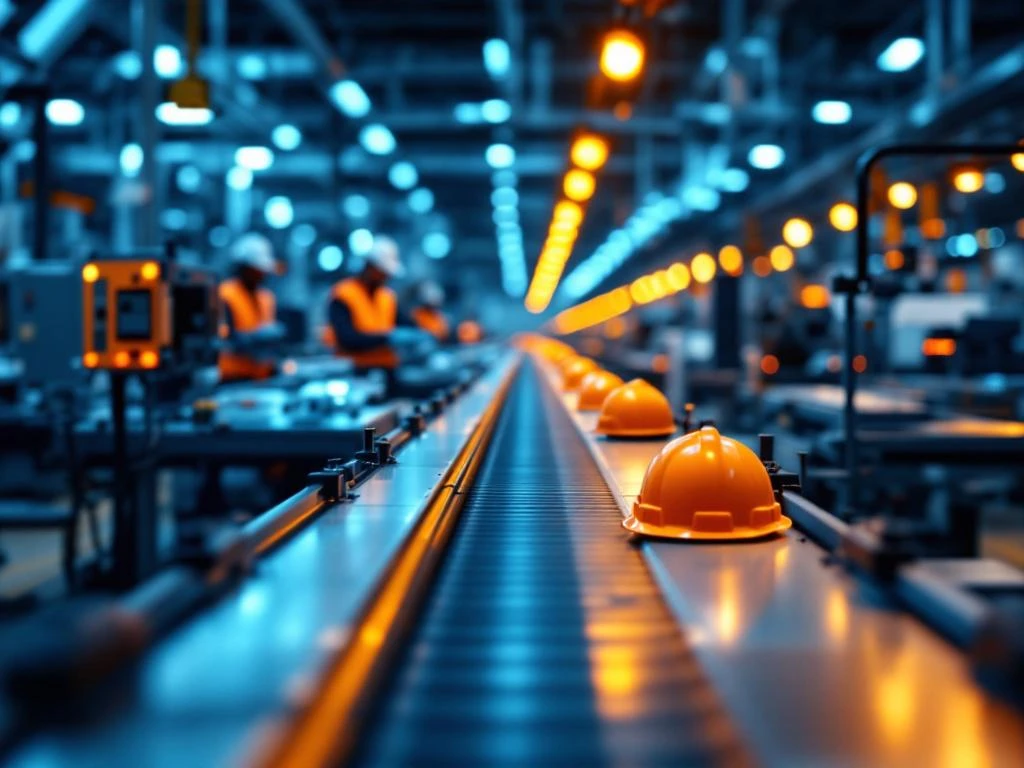 Moderne productiefaciliteit met assemblagelijn, precisie machines en arbeider die technische instrumenten bedient