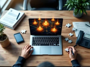 Moderne kantoorbureau met laptop die netwerkdiagram toont, cv's, telefoon en puzzelstukjes voor recruitmentproces