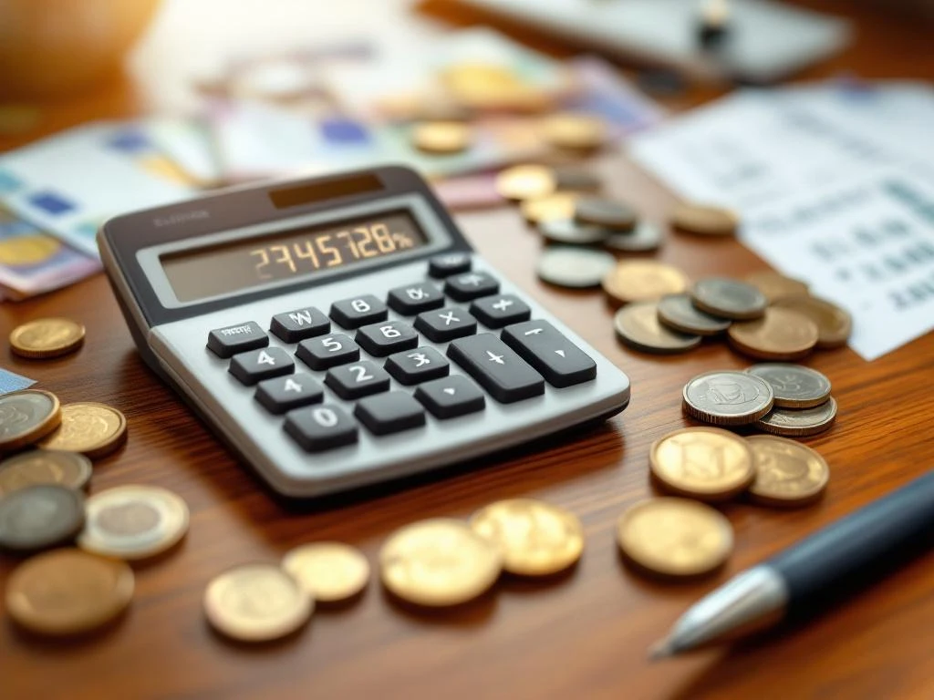 Calculator met percentage berekeningen op houten bureau omringd door euro bankbiljetten, munten en salaris documenten