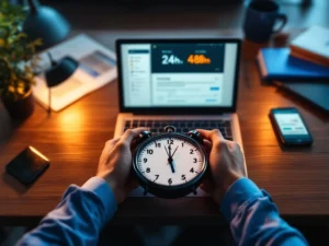 Moderne kantoor bureau van bovenaf met laptop, smartphone met tijdindicatoren en stopwatch voor snelle sollicitaties