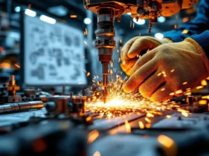 Handen in werkhandschoenen bedienen industriële machine met vonken, technische blauwdrukken zichtbaar op achtergrond