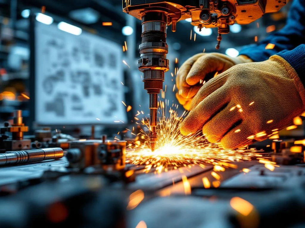 Handen in werkhandschoenen bedienen industriële machine met vonken, technische blauwdrukken zichtbaar op achtergrond