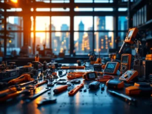 Technische gereedschappen en meetapparatuur op moderne werkbank met Groningen stadsarchitectuur op achtergrond