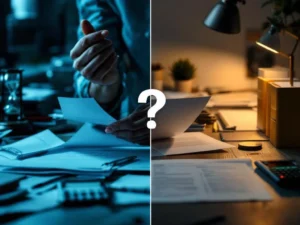 Gesplitst kantoorbeeld: gestresste tijdelijke werknemer met ontslagpapieren links, georganiseerde HR-ruimte rechts