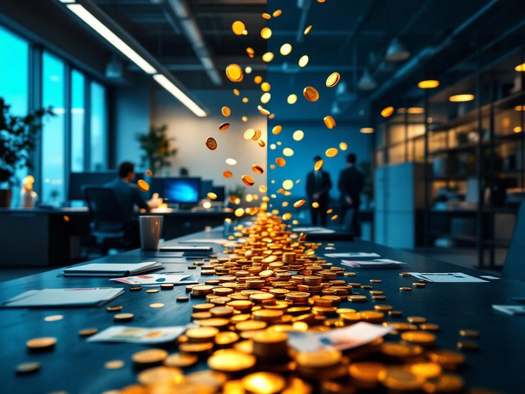 Gesplitst kantoorbeeld met geldstroom van euromunten en bankbiljetten tussen uitzendbureau en bedrijfsruimte