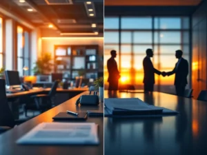 Split-screen kantooromgeving toont uitzendbureau met werkplekken links en directiekamer met handdruk rechts