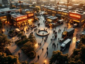 Luchtfoto van modern bedrijvencomplex met verlichte HIRING en VACATURES borden, diverse werknemers en bouwkranen