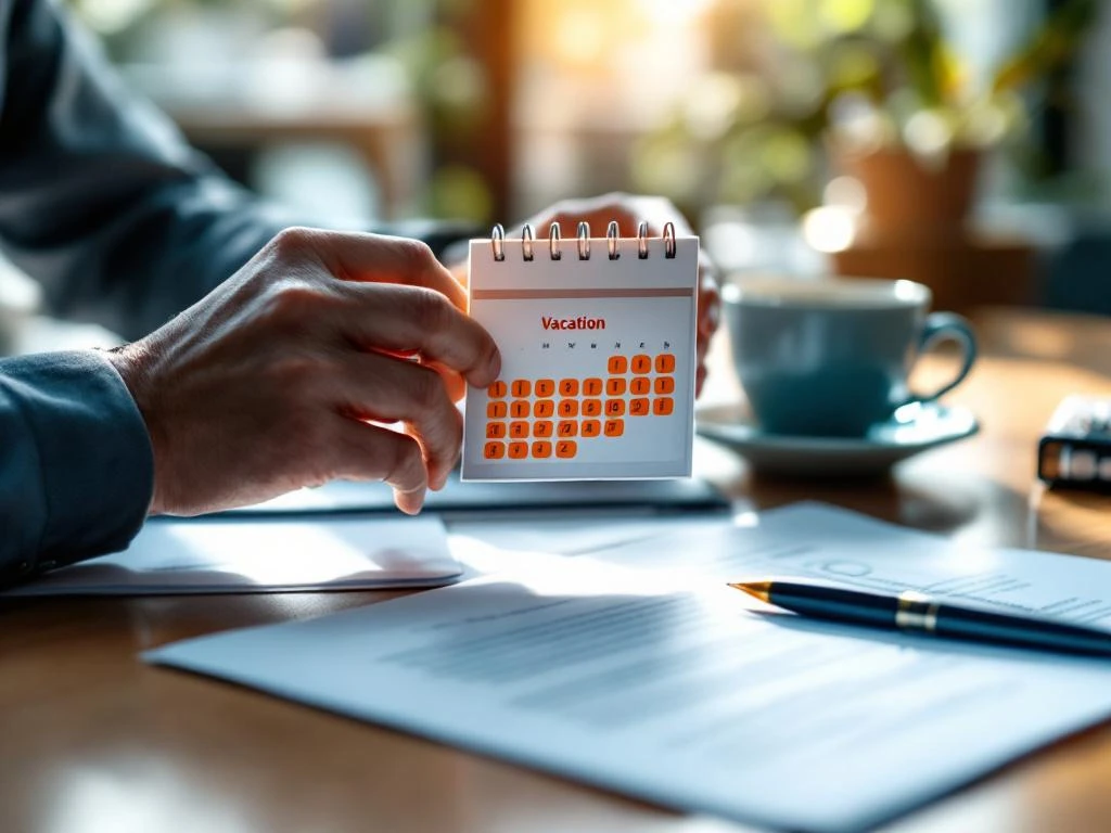 Handen houden miniatuurkalender met oranje gemarkeerde vakantiedagen op bureau met arbeidscontract en documenten