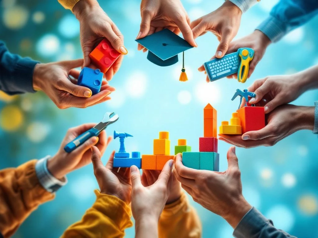 Diverse handen houden onderwijssymbolen vast in cirkel: afstudeerhoed, gereedschap, toetsenbord en blokken
