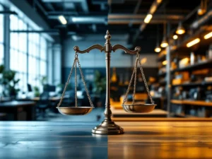 Weegschaal tussen modern kantoor en industriële werkplaats, symboliseert keuze tussen stabiliteit en flexibiliteit