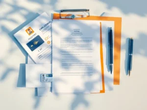 Werkgelegenheidsdocumenten op bureau: paspoort, ID-kaart, diploma en CV netjes gerangschikt met pen voor sollicitatie