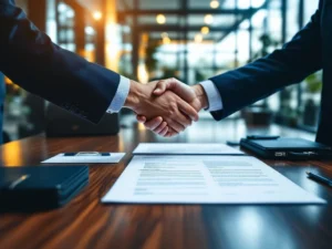 Professionele handen wisselen werkcontracten uit op houten bureau in modern kantoor met glazen wanden