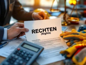 Professionele handen houden document met "RECHTEN" vast, omringd door veiligheidshelm, handschoenen en weegschaal