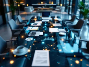 Moderne glazen vergadertafel met laptops en zakelijke documenten in eigentijds kantoor met grote ramen