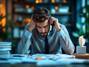 Zieke zakenpersoon in pak houdt hoofd vast en reikt naar telefoon op bureau met documenten en tissues in kantoor