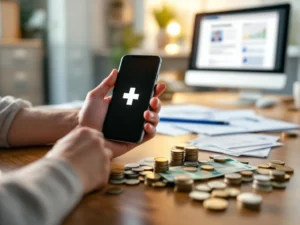 Handen houden smartphone met medisch kruis icoon boven euro bankbiljetten en officiële documenten op houten bureau