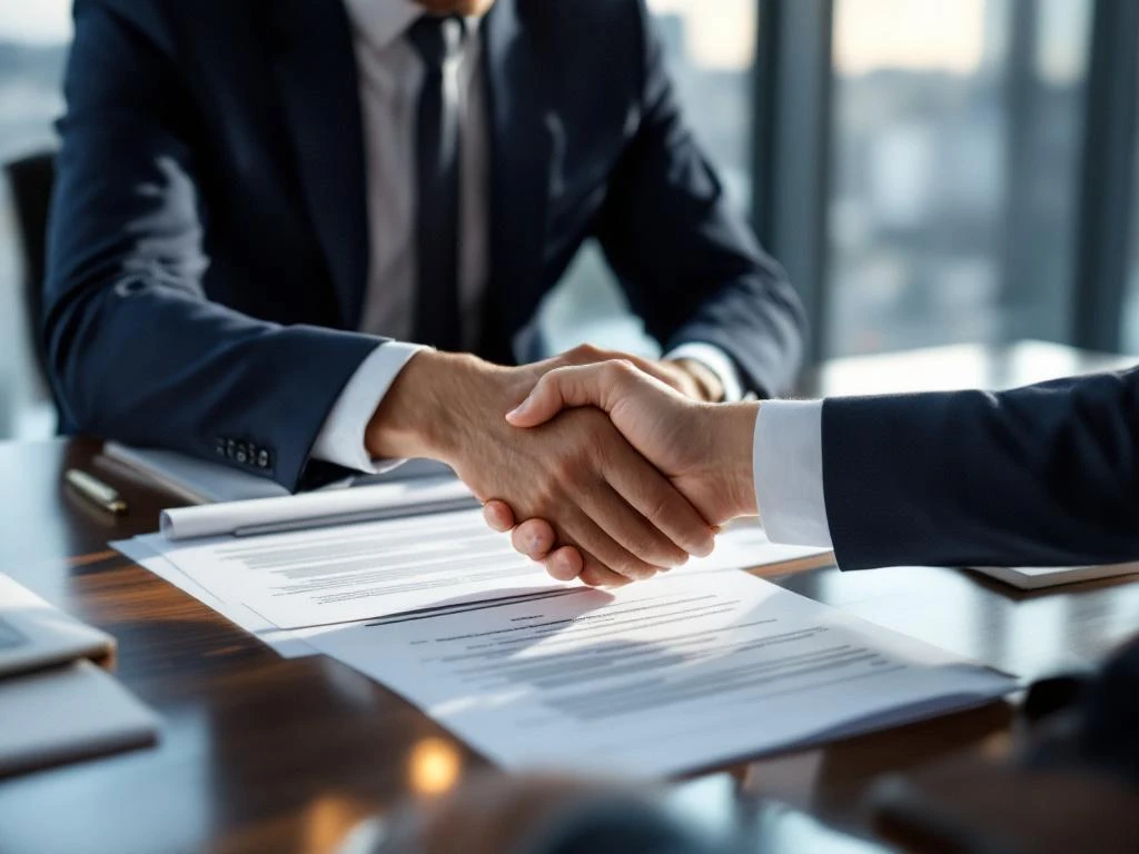 Zakelijke consultant en ondernemer schudden handen over juridische documenten op conferentietafel in modern kantoor