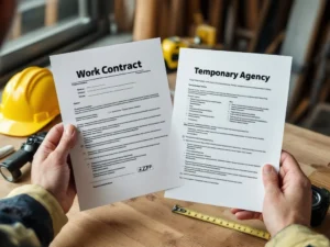 Bouwvakker houdt ZZP-contract en uitzendbureau formulieren vast op houten tafel met gele helm en meetlint