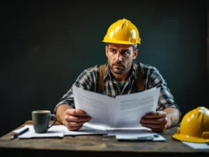 Bouwvakker met veiligheidshelm bekijkt bezorgd juridische documenten en bouwvergunningen aan bureau