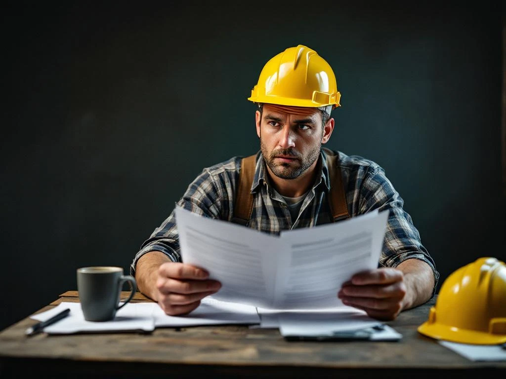 Bouwvakker met veiligheidshelm bekijkt bezorgd juridische documenten en bouwvergunningen aan bureau