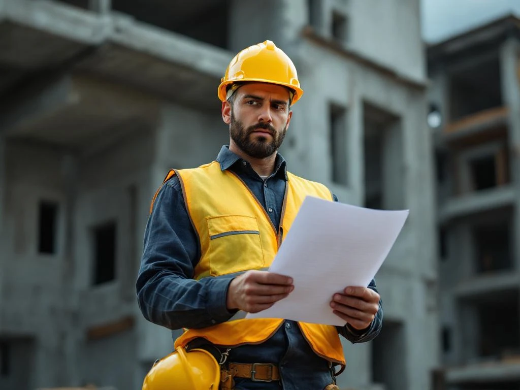 Bouwvakker in gele veiligheidsvest bekijkt juridisch document met bezorgde blik op bouwplaats met betonconstructie