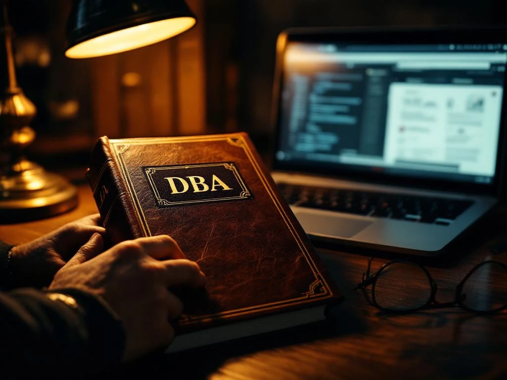 Verouderd leergebonden DBA wetboek op mahonie bureau met laptop en juridische documenten op achtergrond