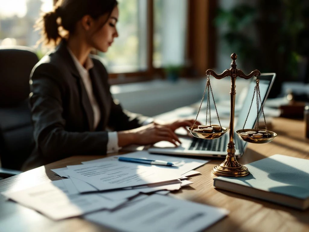 Professionele zakenvrouw aan bureau met weegschaal, laptop met freelance contracten en traditionele werknemersdocumenten