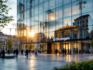 Modern glazen kantoorgebouw in Groningen centrum met historische architectuur reflecties en bouwkranen op achtergrond