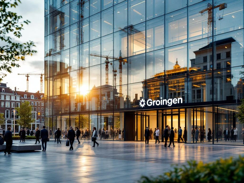 Modern glazen kantoorgebouw in Groningen centrum met historische architectuur reflecties en bouwkranen op achtergrond